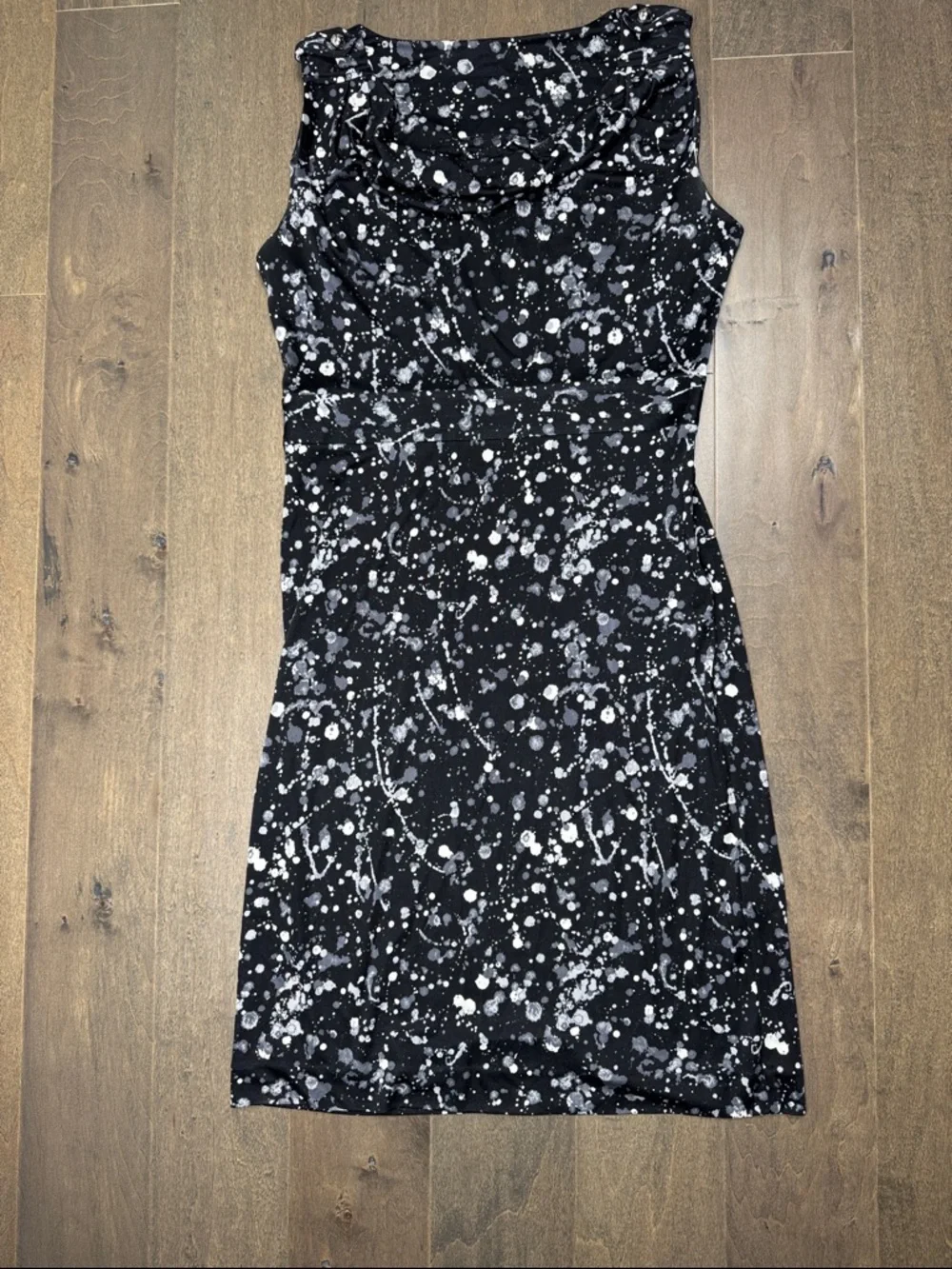 Tory Burch Silk Dress M Black White Paint Splatter Cowl Neck Sheath